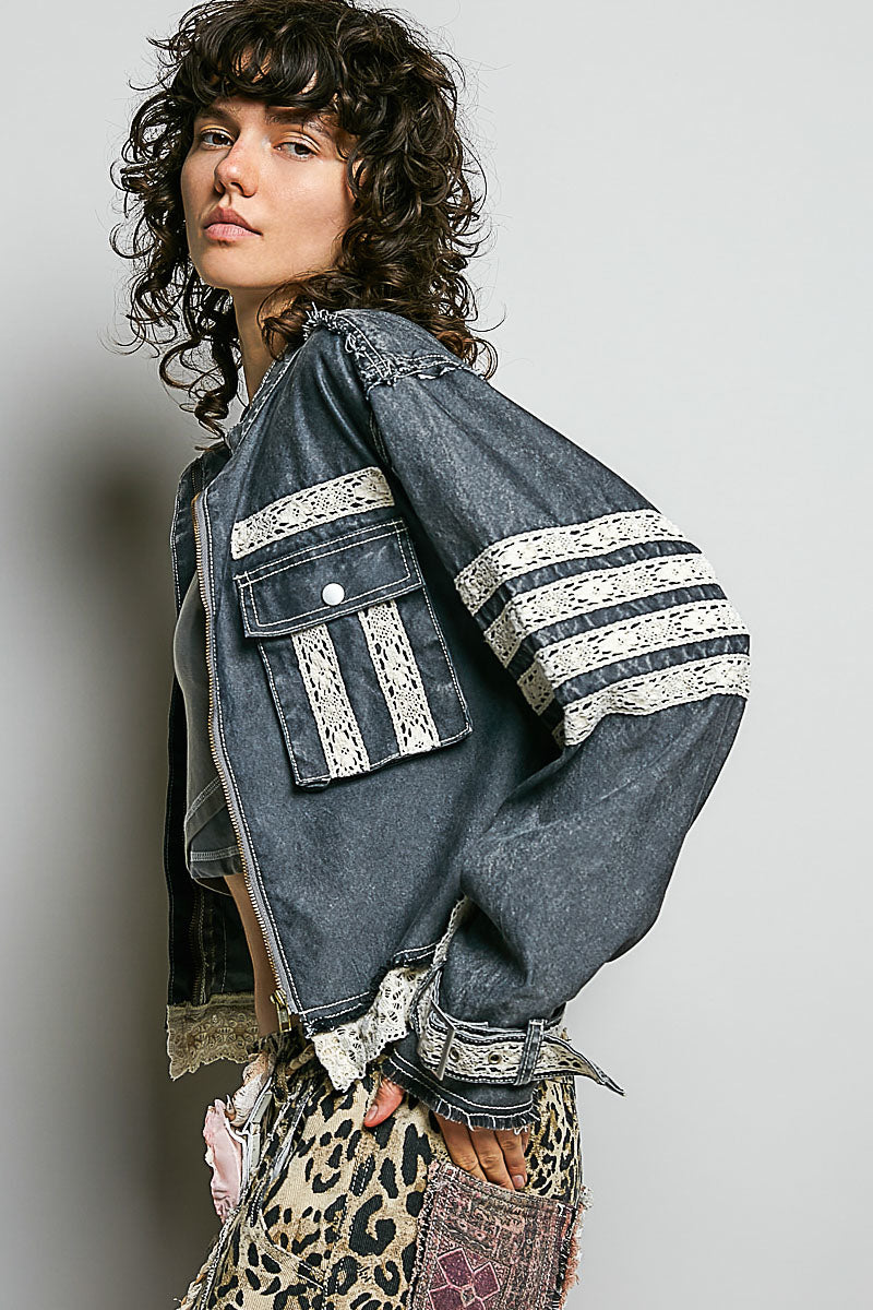 Denim jacket with lace trim