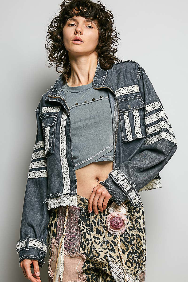 Denim jacket with lace trim