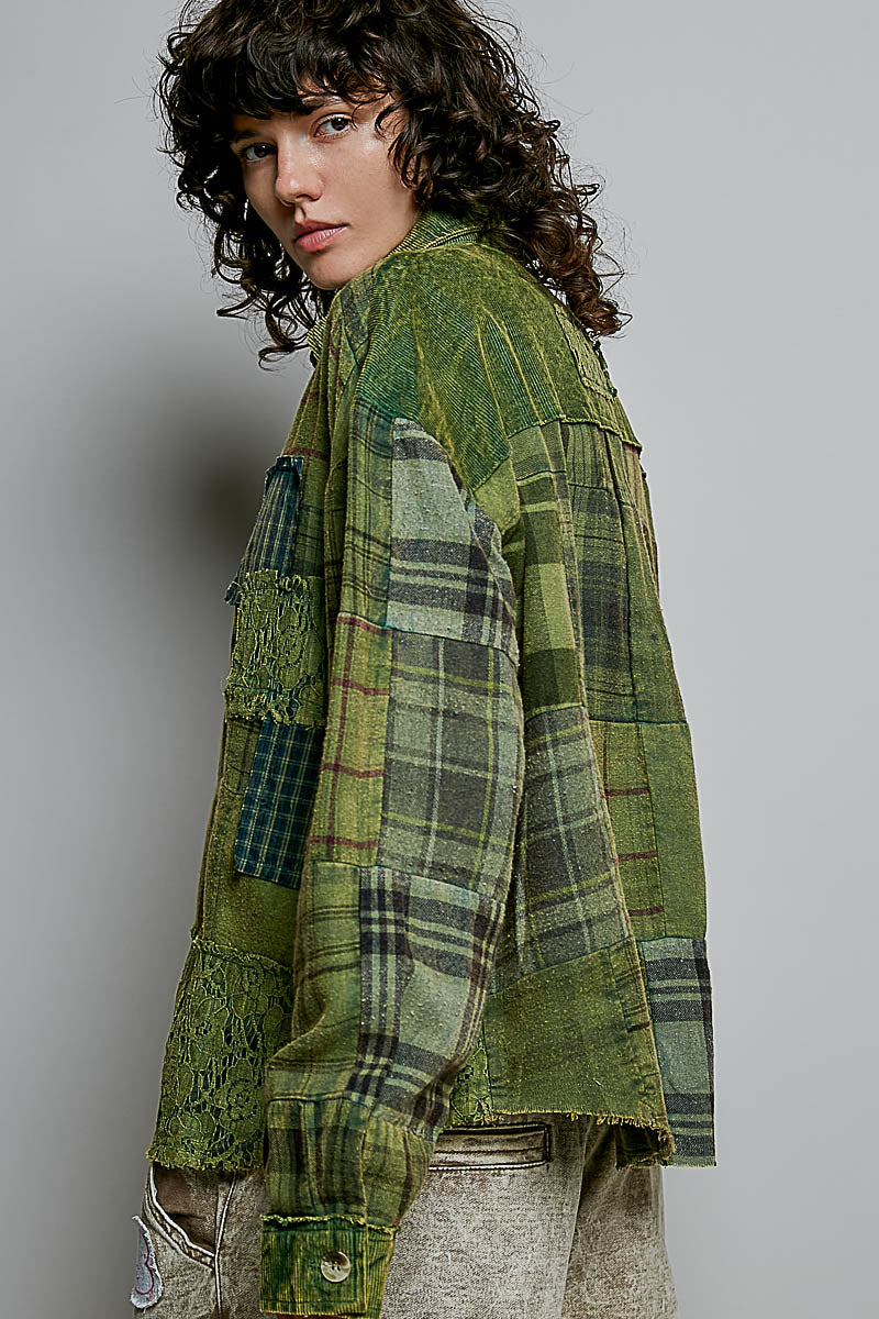 Plaid Lace Print Patch Shirt