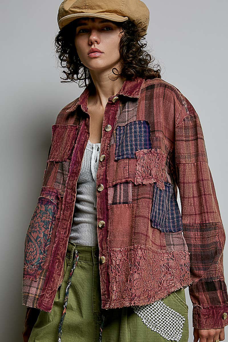 Plaid Lace Print Patch Shirt