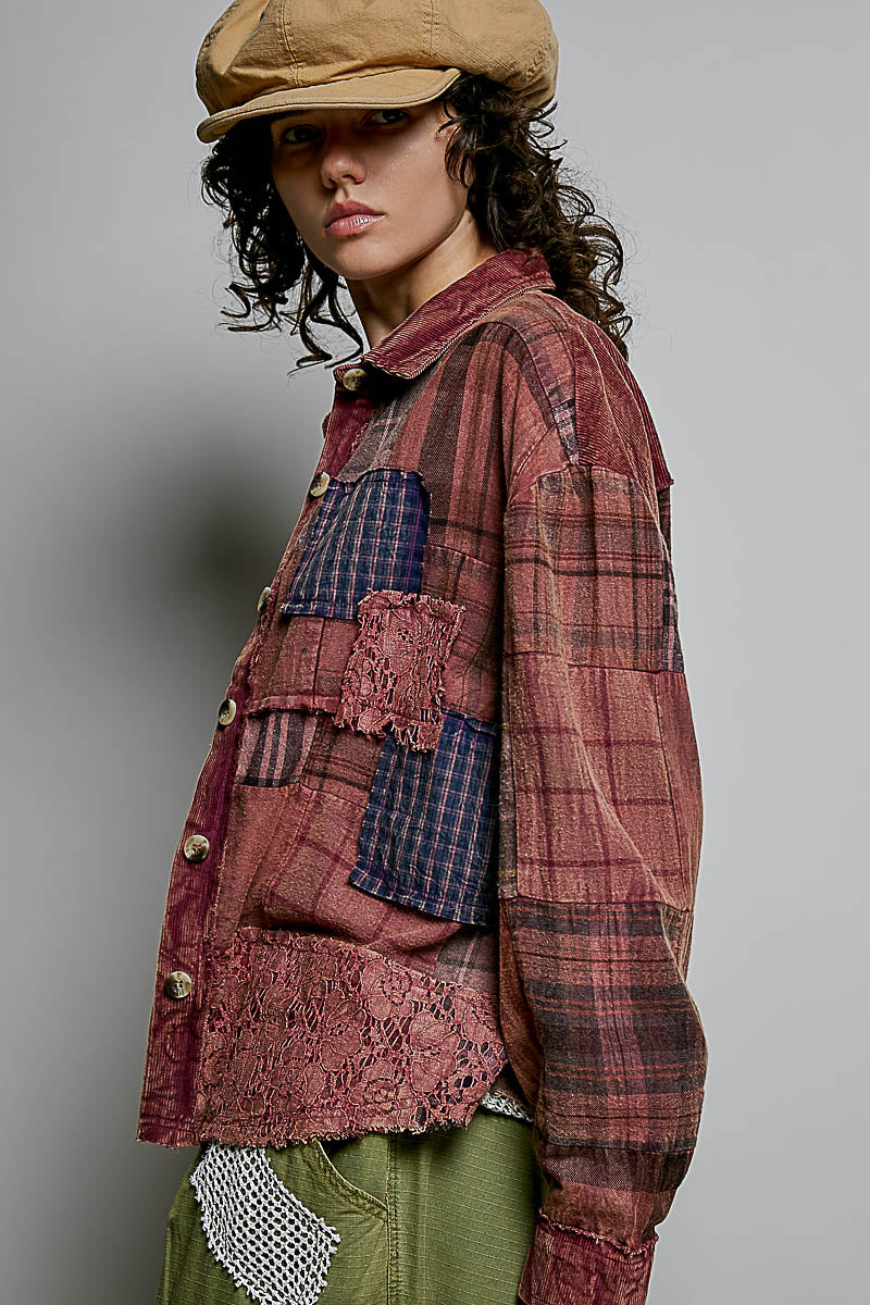 Plaid Lace Print Patch Shirt