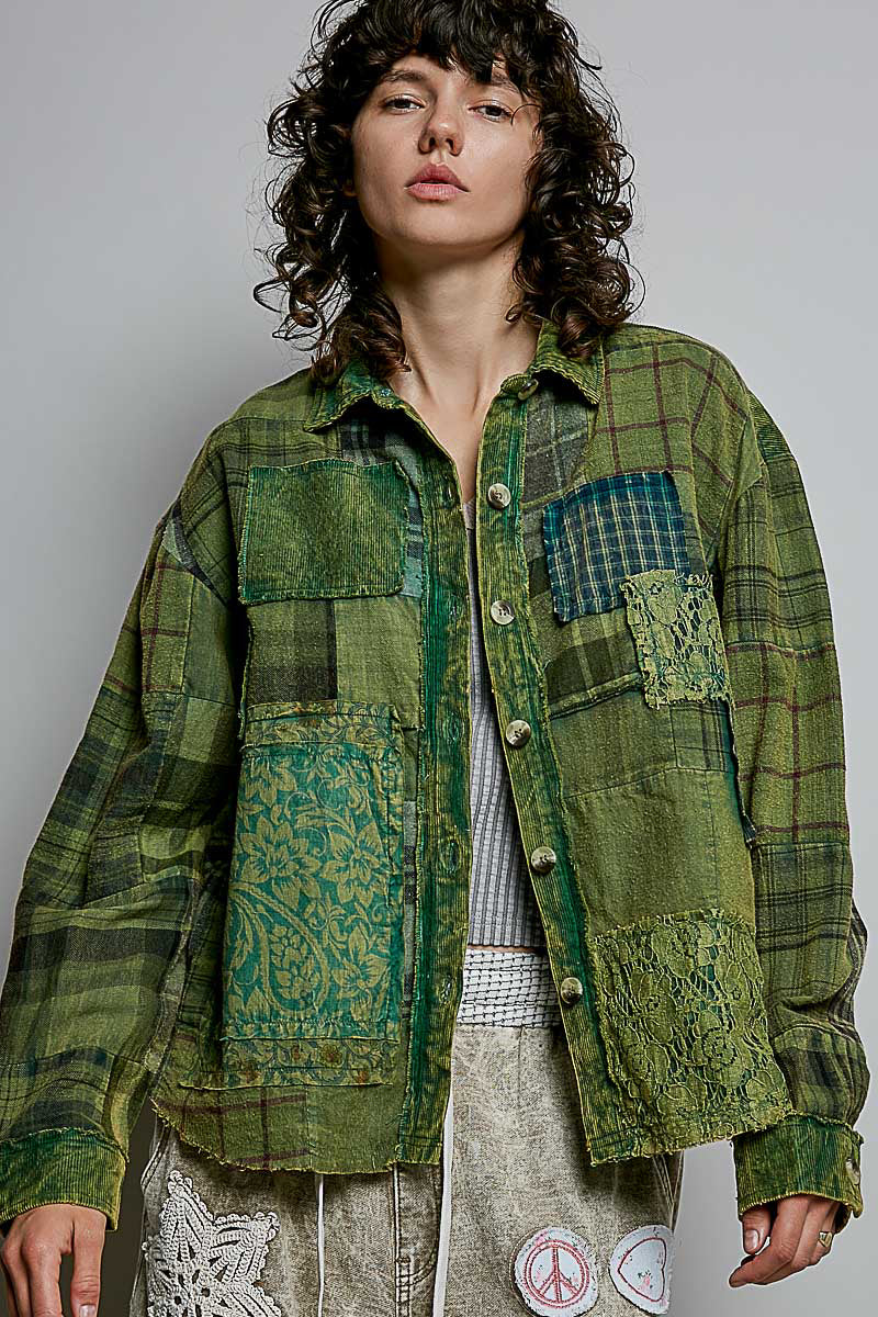 Plaid Lace Print Patch Shirt