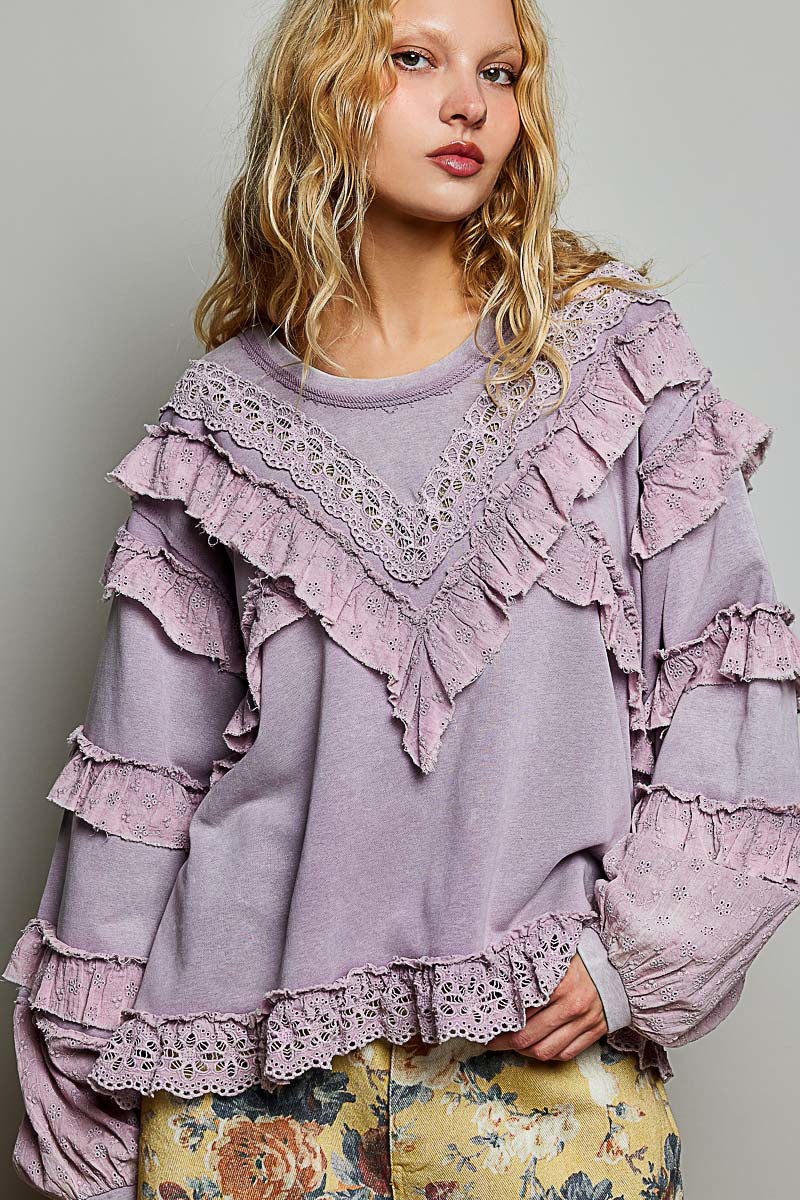 Balloon sleeve top with eyelet ruffle Lilac