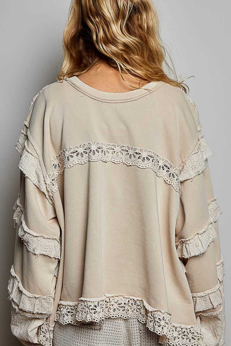 Balloon sleeve top with eyelet ruffle Beige