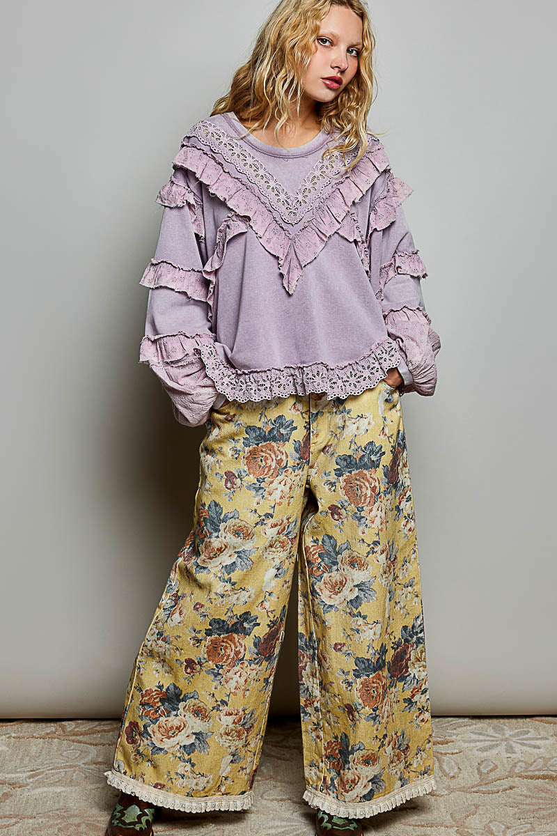 Balloon sleeve top with eyelet ruffle Lilac