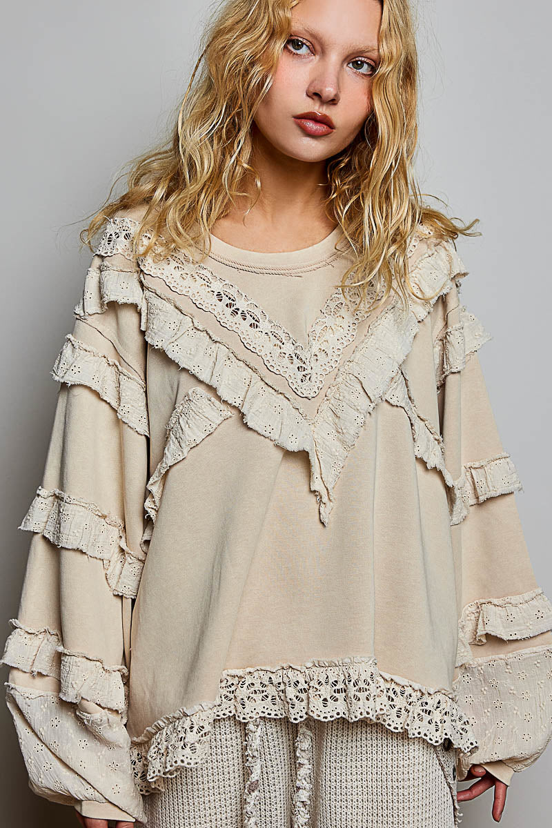Balloon sleeve top with eyelet ruffle Beige
