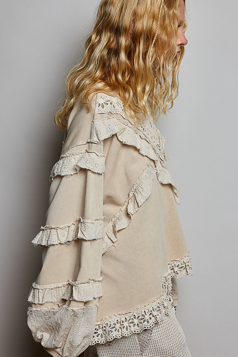 Balloon sleeve top with eyelet ruffle Beige