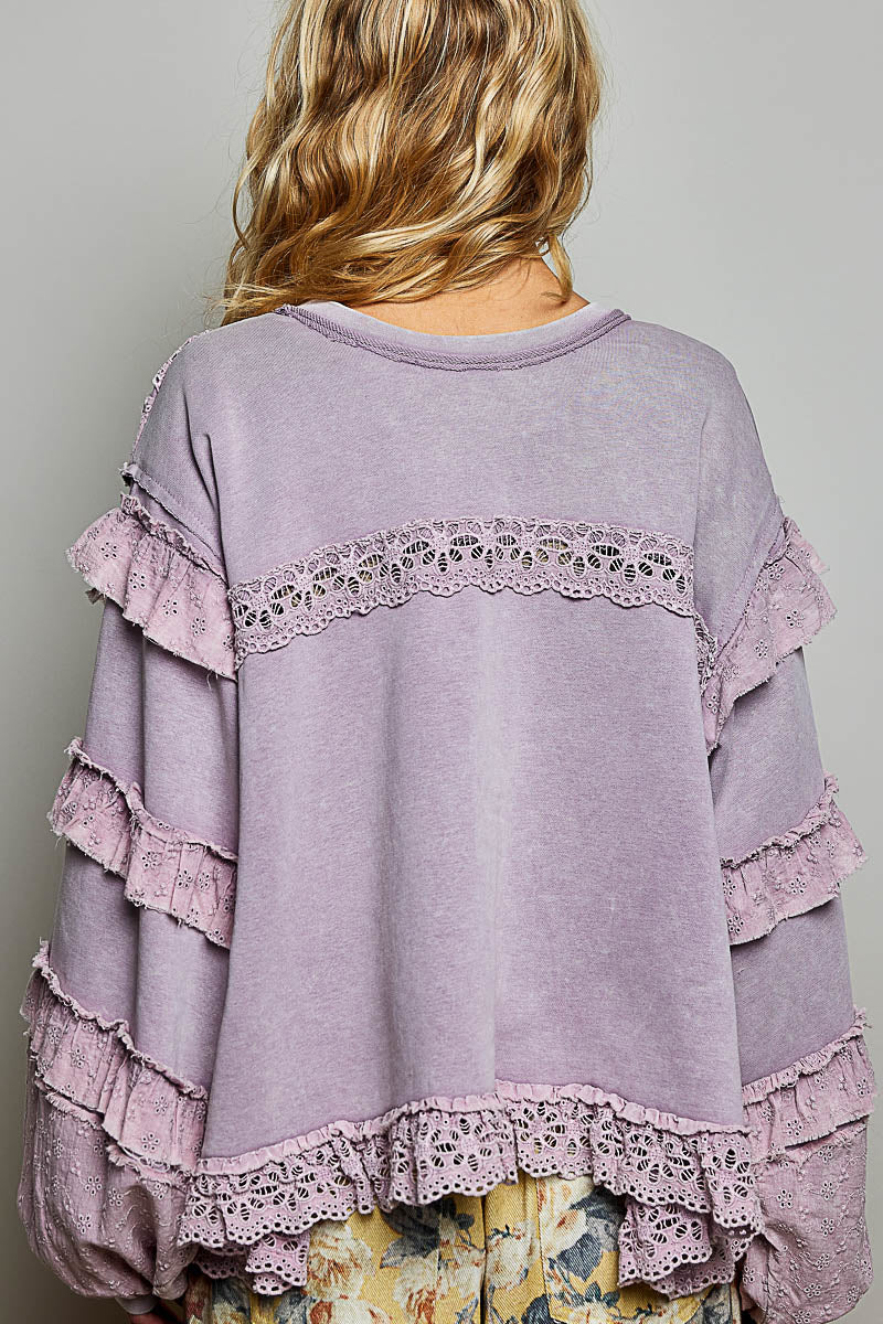 Balloon sleeve top with eyelet ruffle Lilac