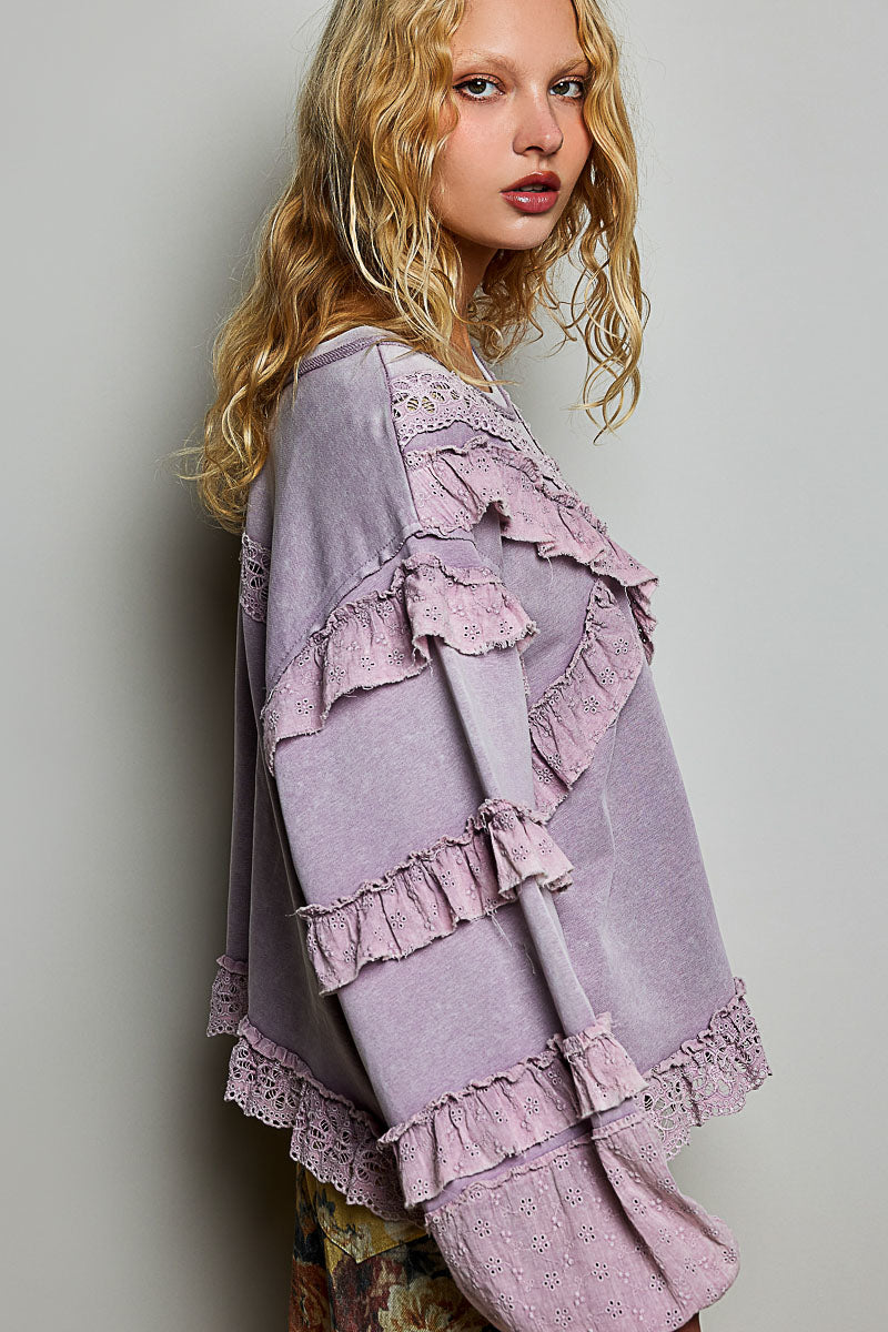 Balloon sleeve top with eyelet ruffle Lilac