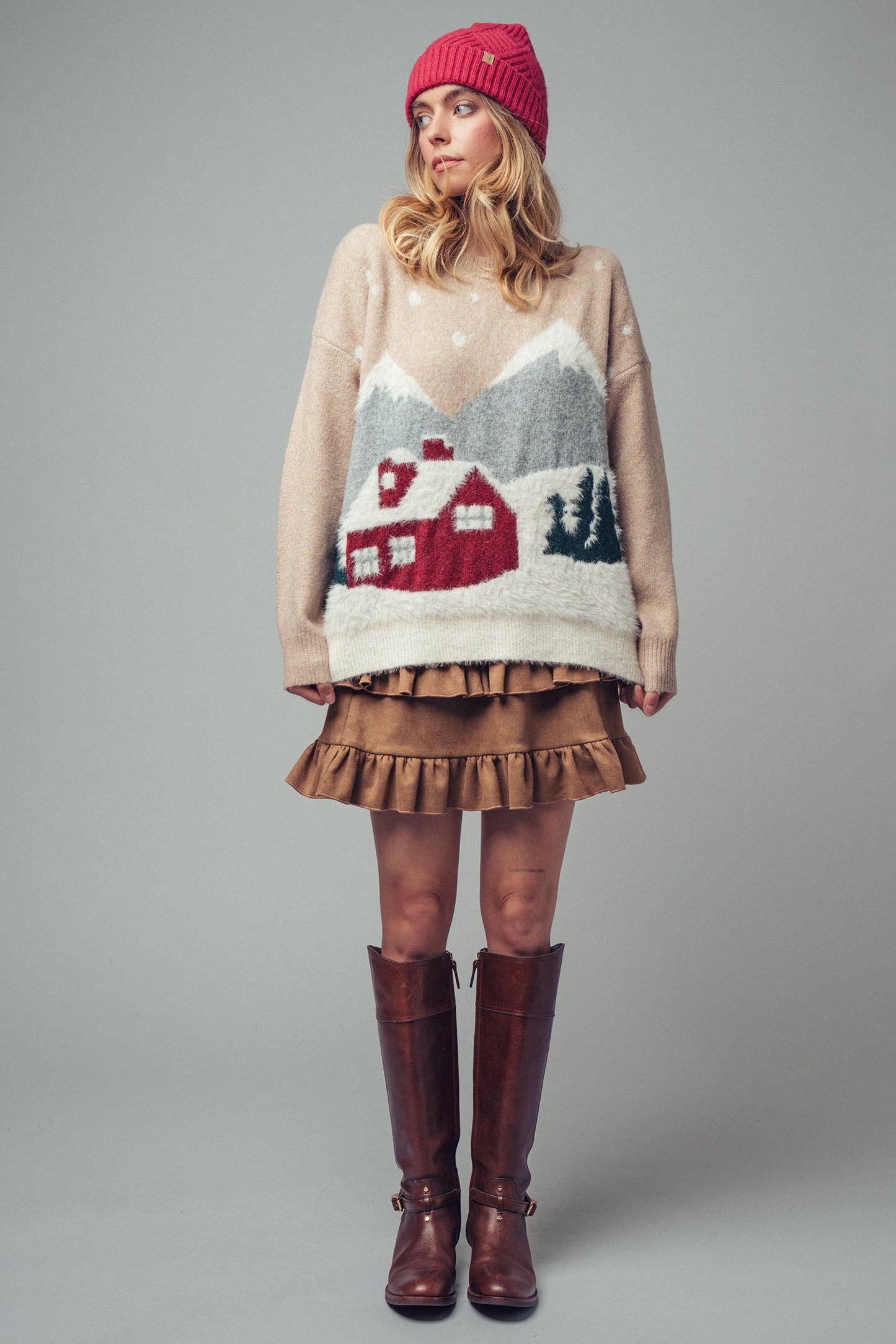 Fuzzy Winter Scene Intarsia Knit Sweater