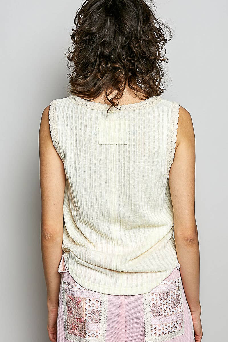 Round Neck Sleeveless Trim Neck Solid Textured Rib Knit Top