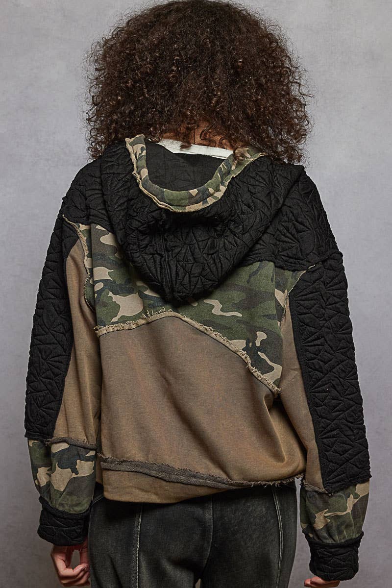 Long sleeve printed terry quilted knit hooded jacket