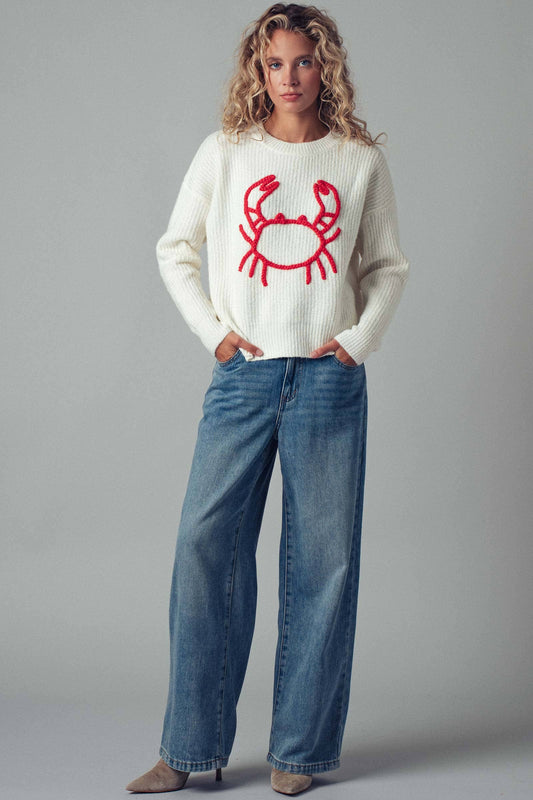 Chunky Crab Embroidered Knit Sweater