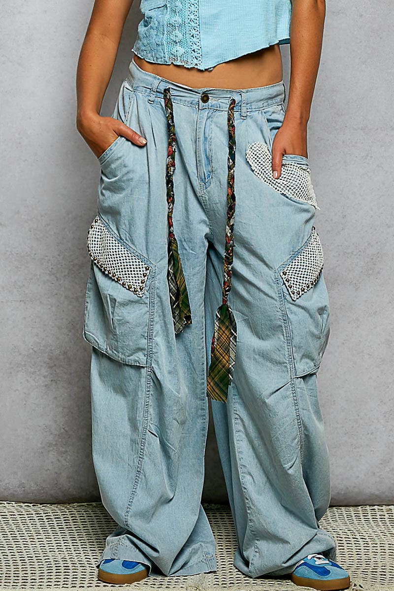 Novelty Drawstring Stud Accents Mesh Patches Woven Pants