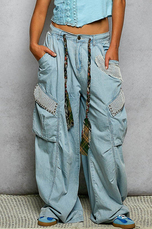 Novelty Drawstring Stud Accents Mesh Patches Woven Pants