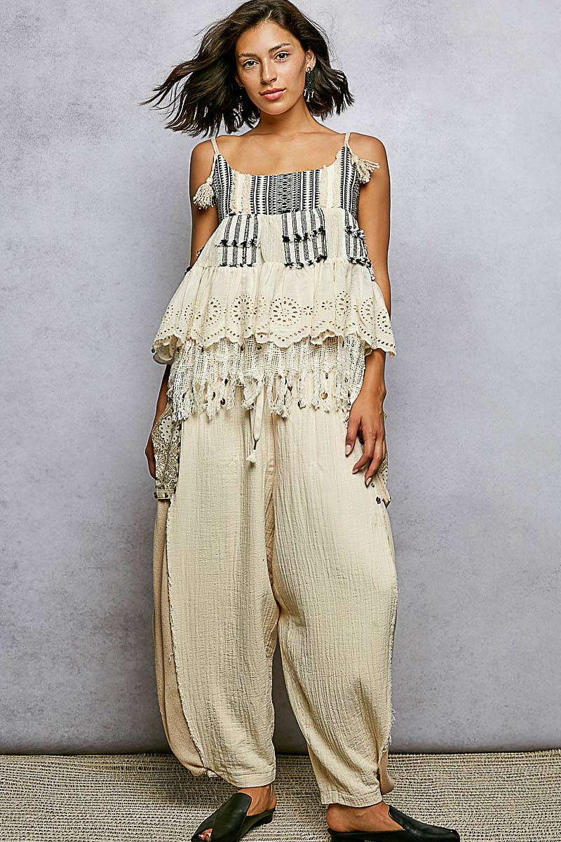 Square Neck Sleeveless Crochet Patch Plaid Eyelet Cotton Top