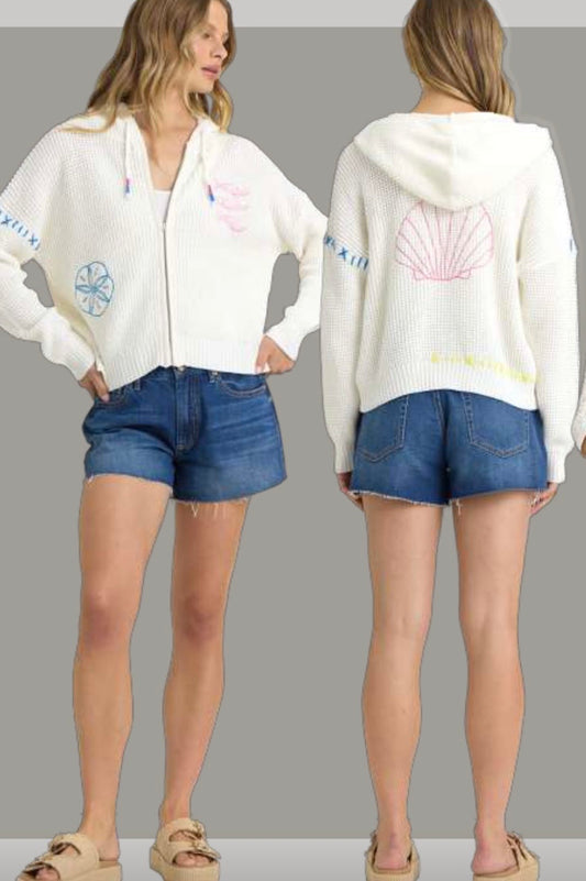 Ivory zipup Sweater with embroidery