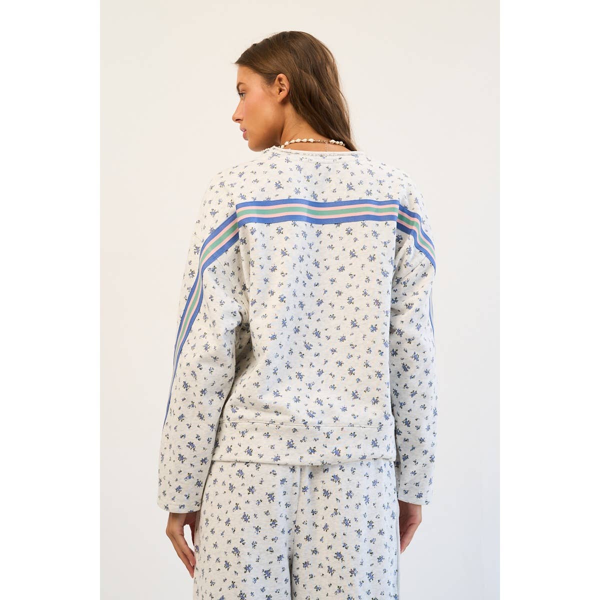 Floral Sweatshirt with Retro Striped Sleeve