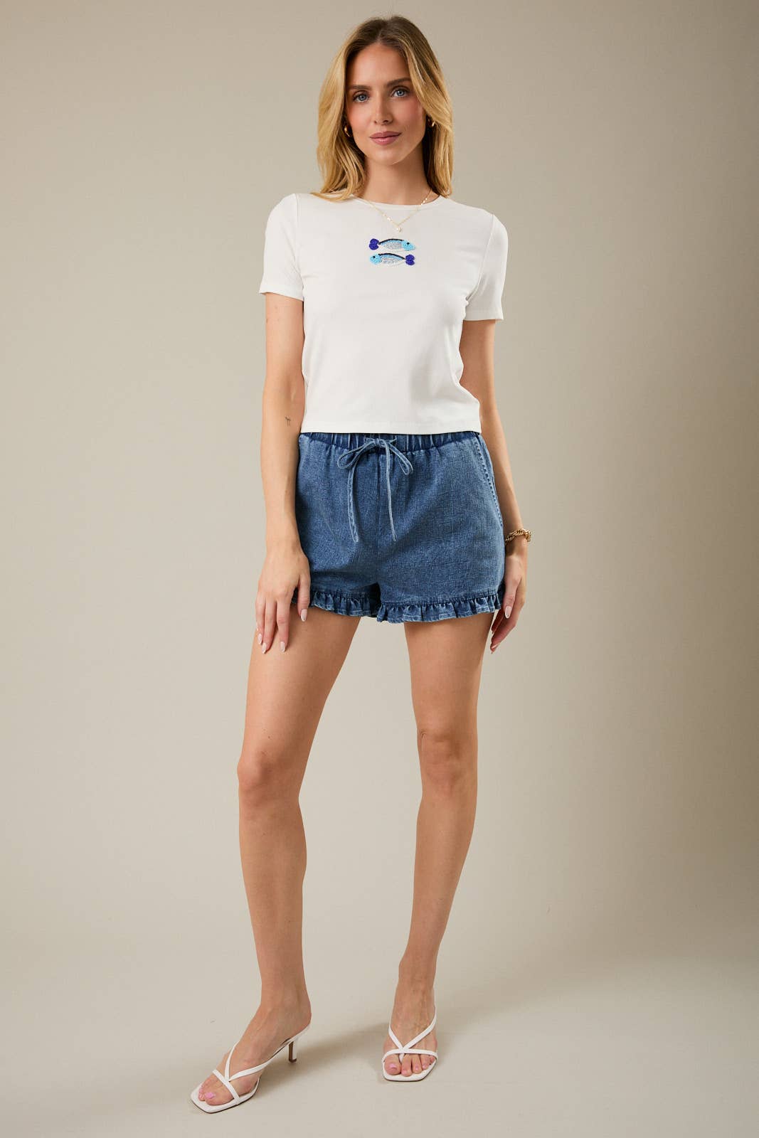 CREW NECK SHORT SLEEVE FISH BEADS RIB T-SHIRT