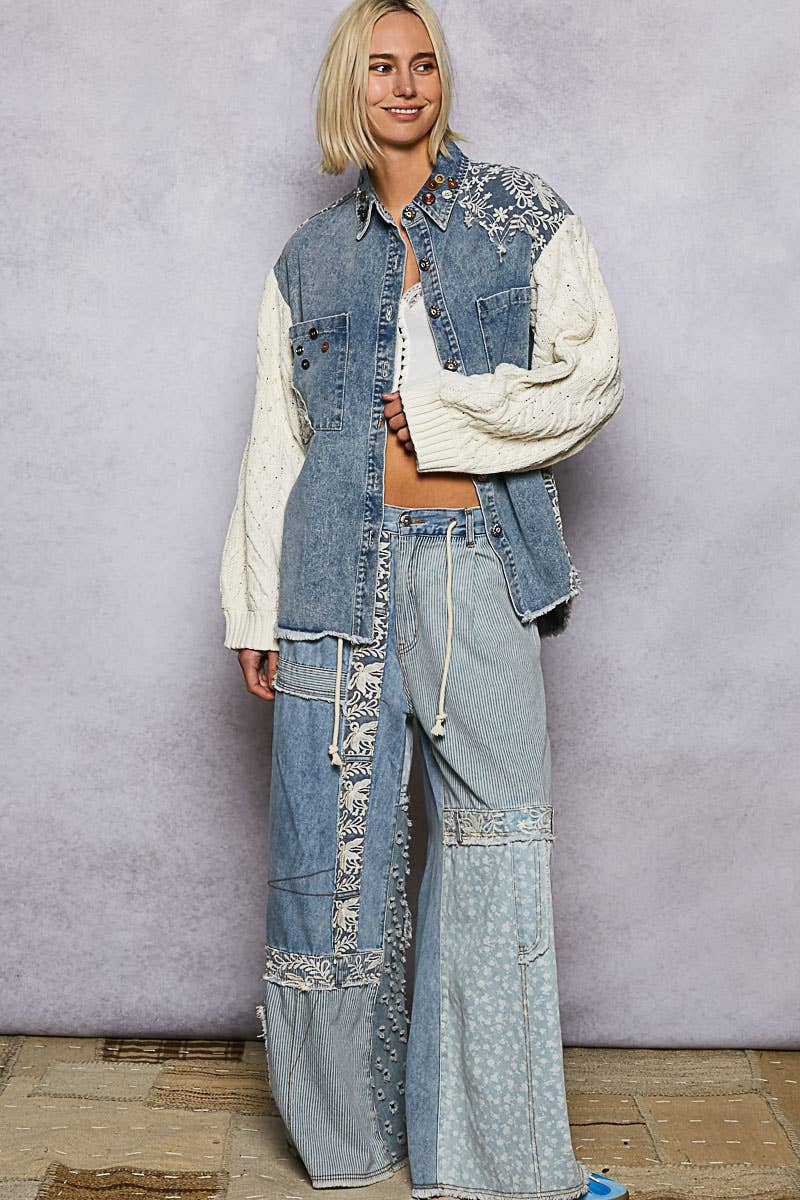 Lace-Overlay Printed Patchwork Contrast Denim Waistband Pant