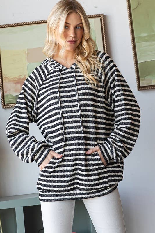 Plus Stripe Jacquard Long Puff Sleeve Hoodie Top
