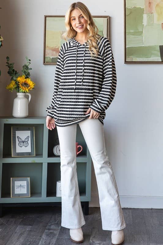 Plus Stripe Jacquard Long Puff Sleeve Hoodie Top