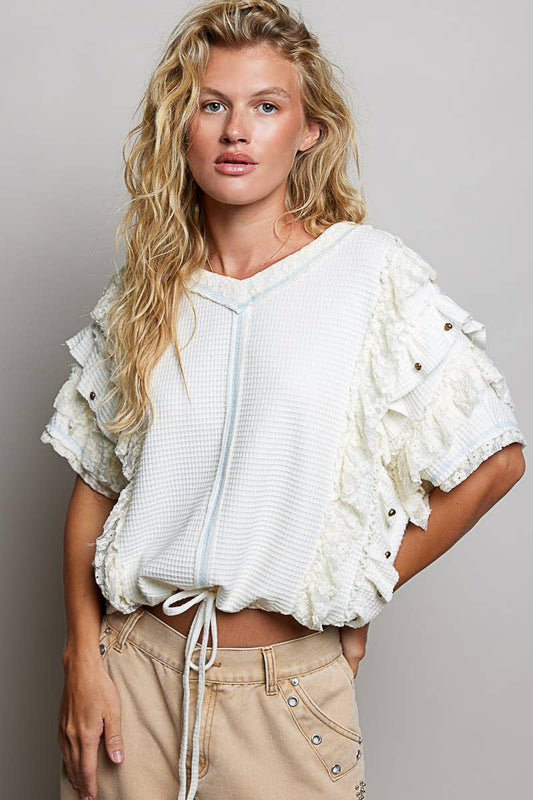Textured Ruffle Lace Stud Top White