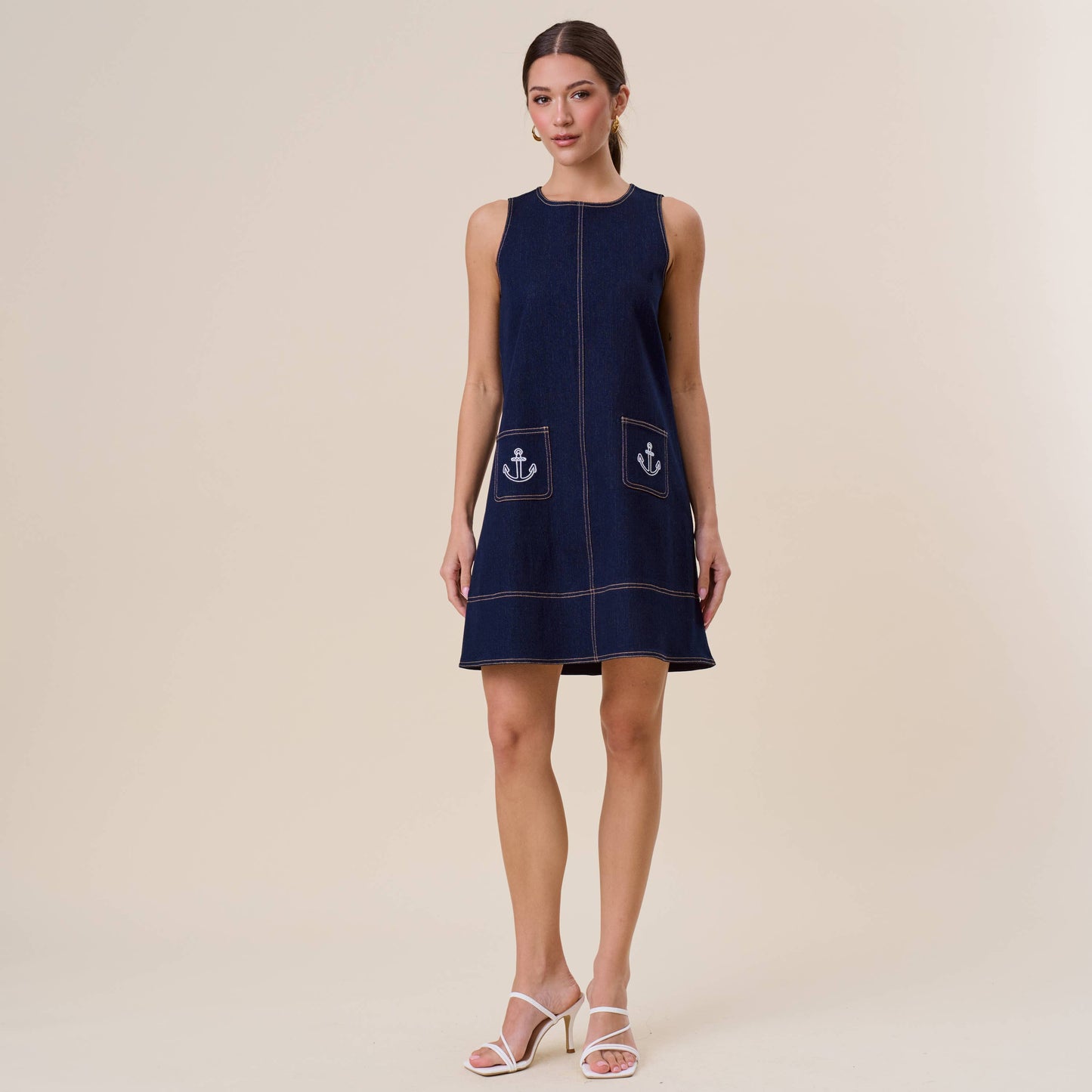 Embroidered stretch denim mini shift dress