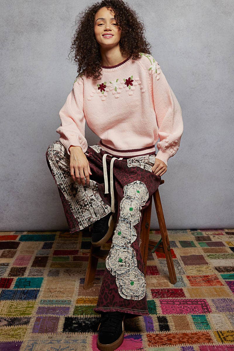Round neck balloon sleeve floral embroidery sweater top