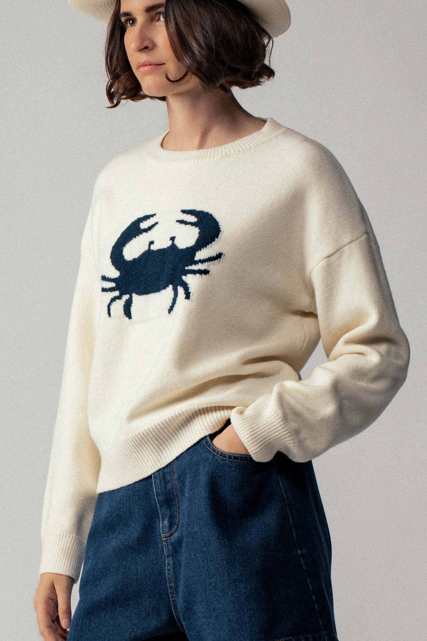 Crab Graphic Relaxed Knit Sweater ivory