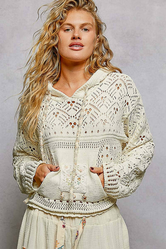 Chenille Crochet Lightweight Pullover Hoodie Sweater
