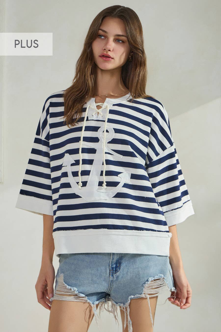 Plus Marine Striped French Terry Pullover