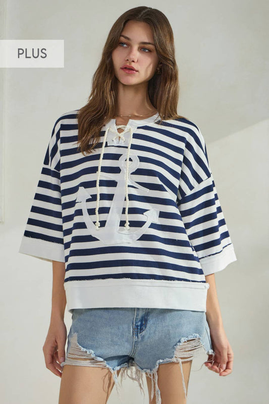 Plus Marine Striped French Terry Pullover