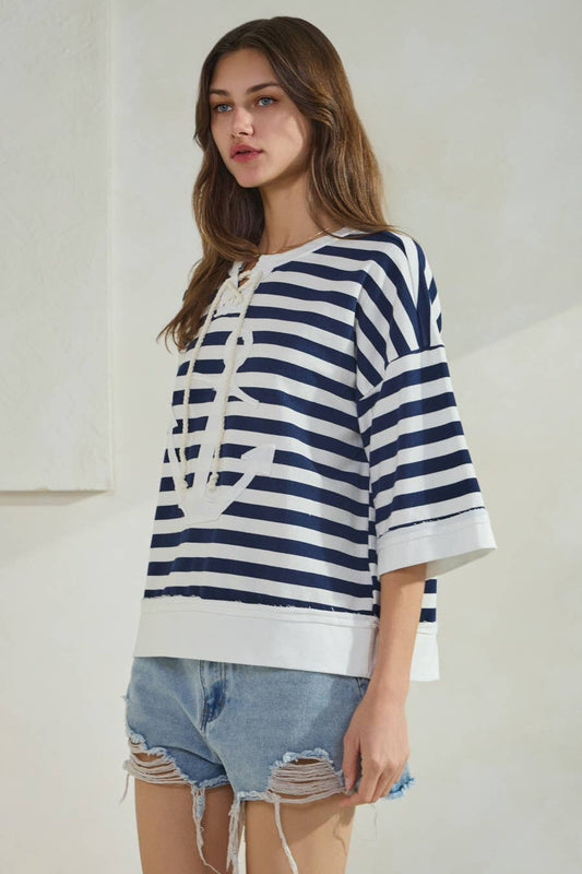 Plus Marine Striped French Terry Pullover