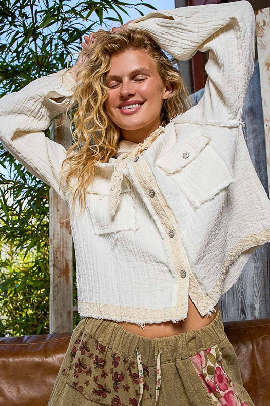 Vintage washing double gauze stitch detail hoodie jacket