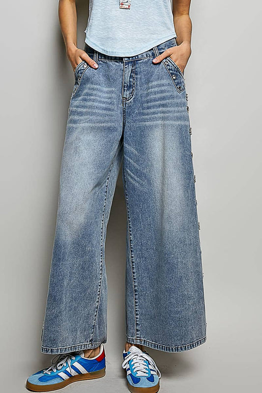 Low Rise Eyelet Studded Wide Leg Street Pants