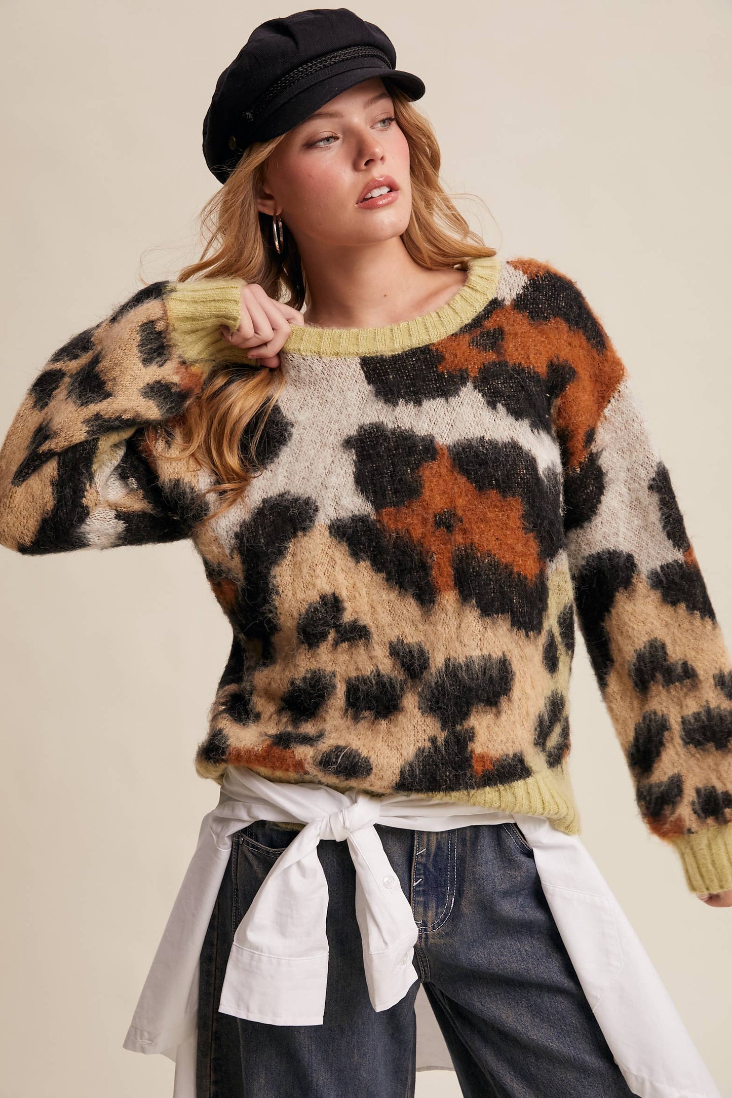 Fuzzy Abstract Leopard Knit Pullover Sweater LSW1005