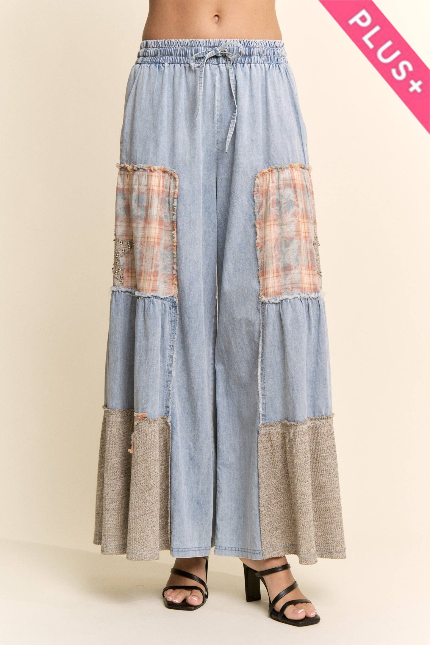 PLUS PRINTED DENIM LACE BLOCKED WIDE LEG PANTS