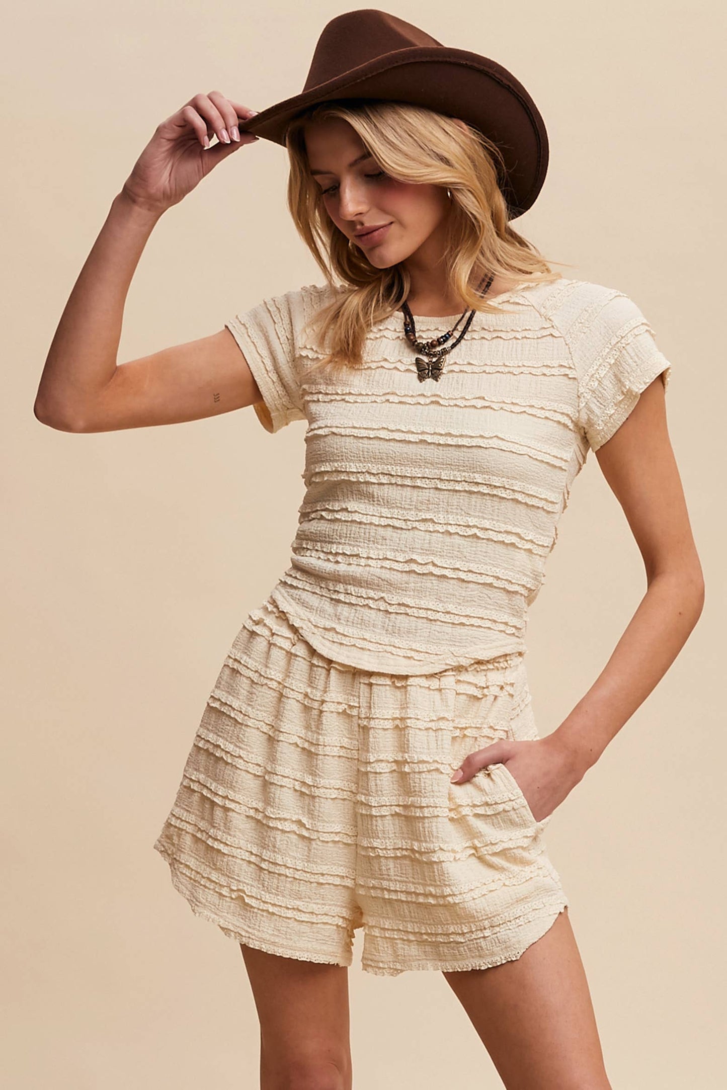 Textured Ruffle Top and Shorts Two-Piece Set