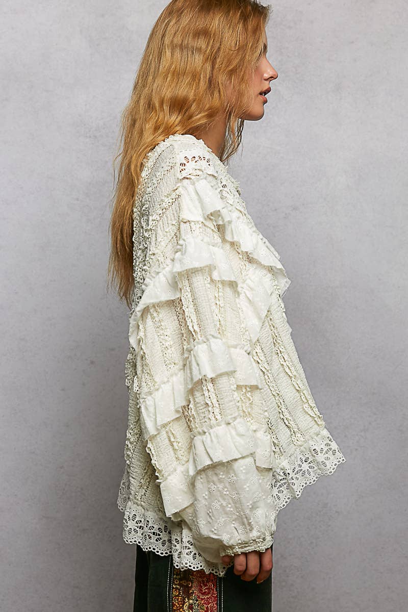 Eyelet Ruffle Raw Edge Trim Lace Solid Knit Top