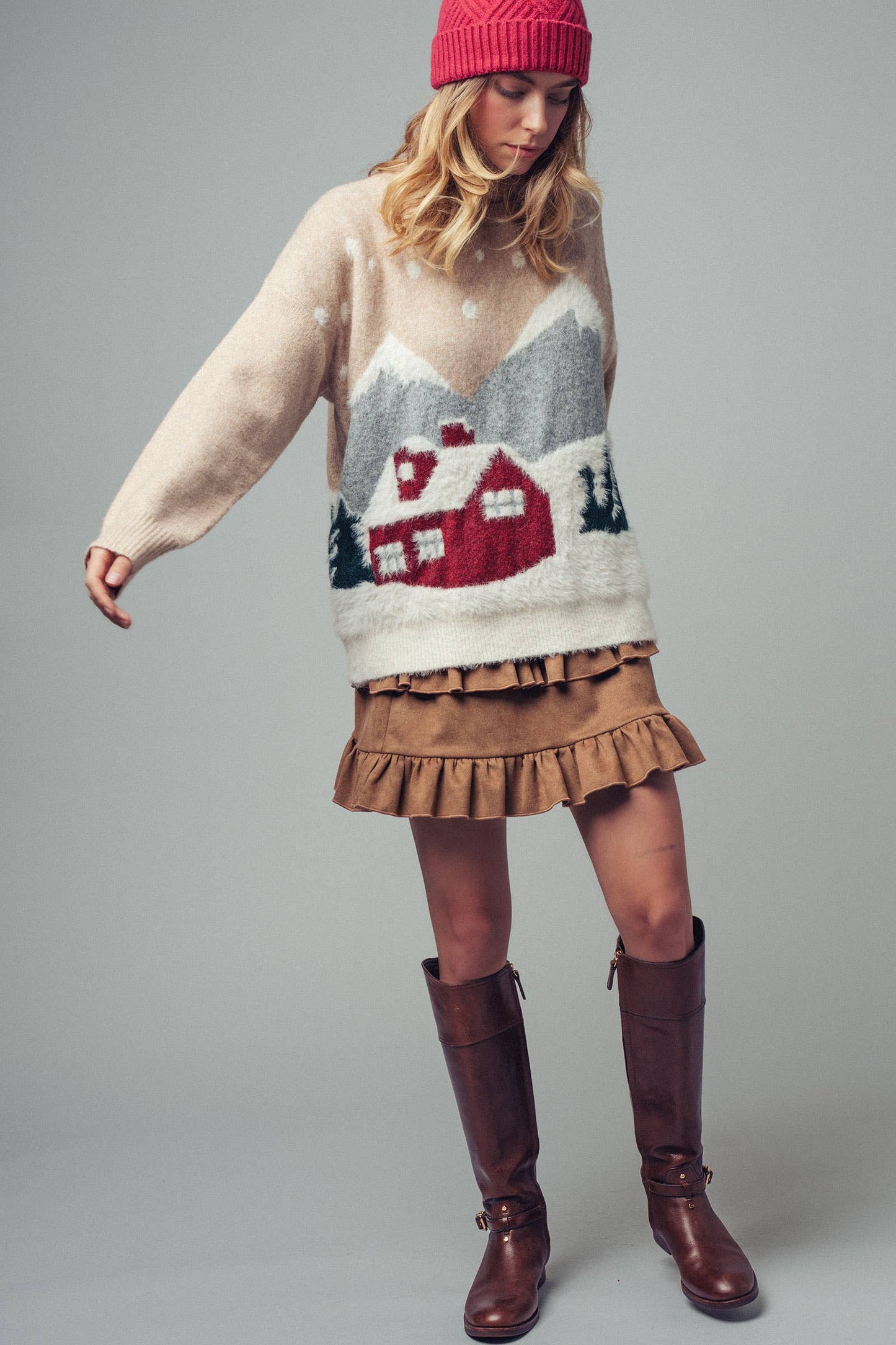 Fuzzy Winter Scene Intarsia Knit Sweater