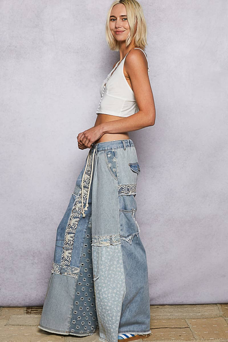 Lace-Overlay Printed Patchwork Contrast Denim Waistband Pant