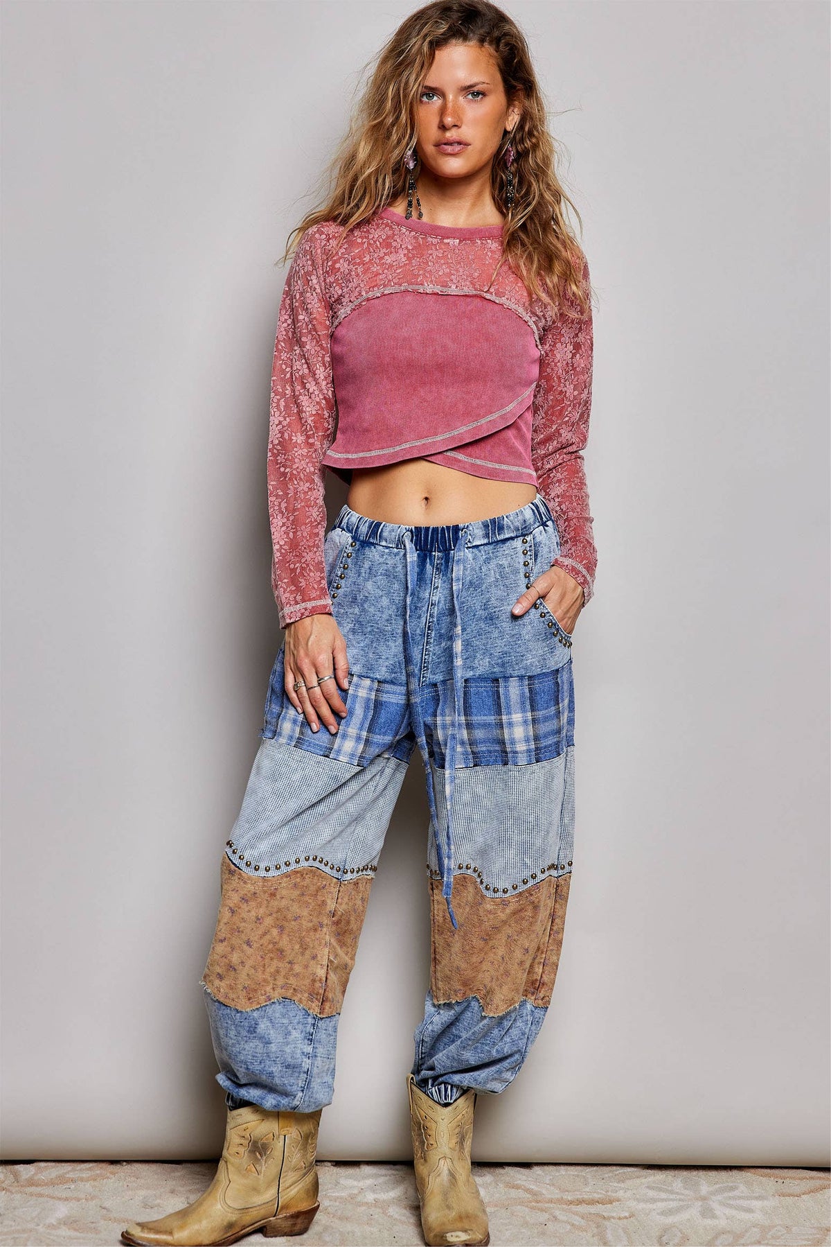 French Terry Plaid Patch Pants