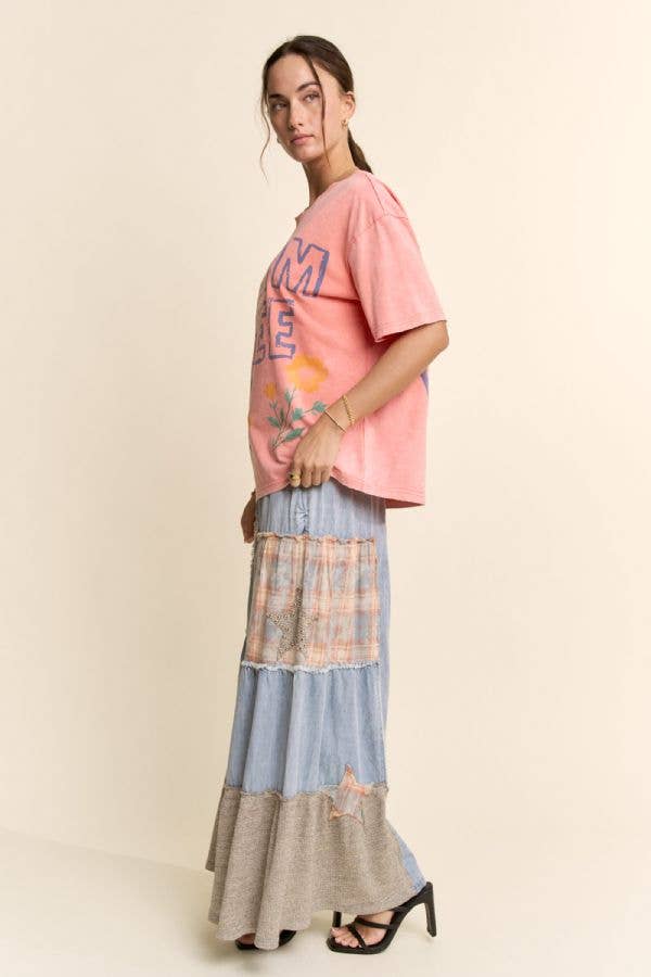 PLUS PRINTED DENIM LACE BLOCKED WIDE LEG PANTS