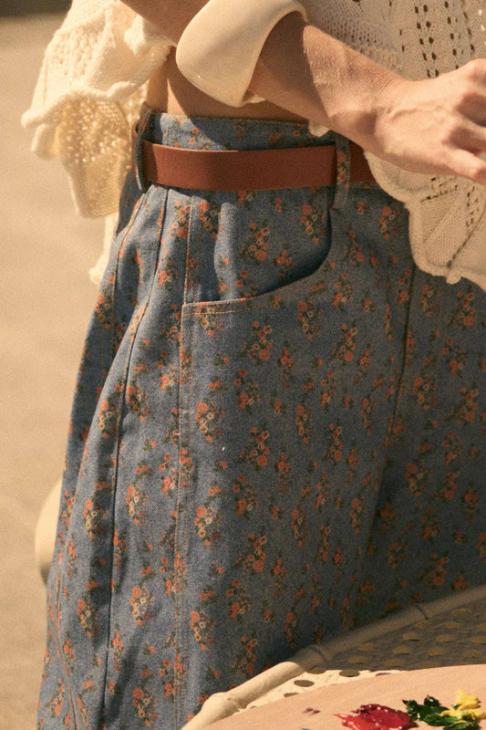 Floral-Print Twill Denim Barrel Pants