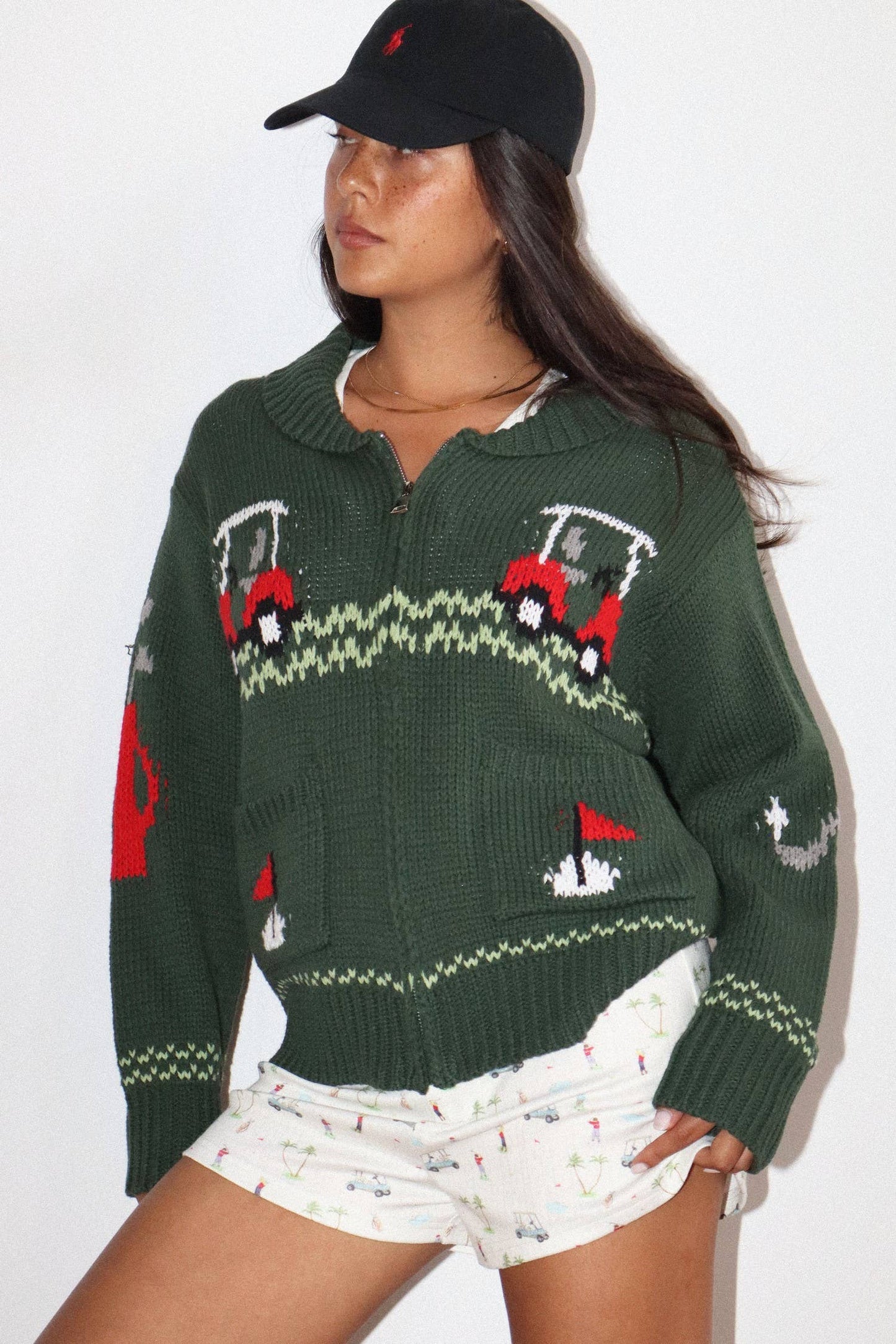 Hole In One Intarsia Zip Sweater