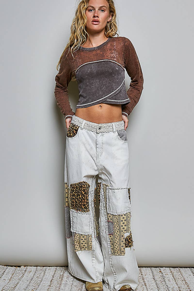 Handcrafted Vintage DIY Patchwork-Style Waistband Wide Pant