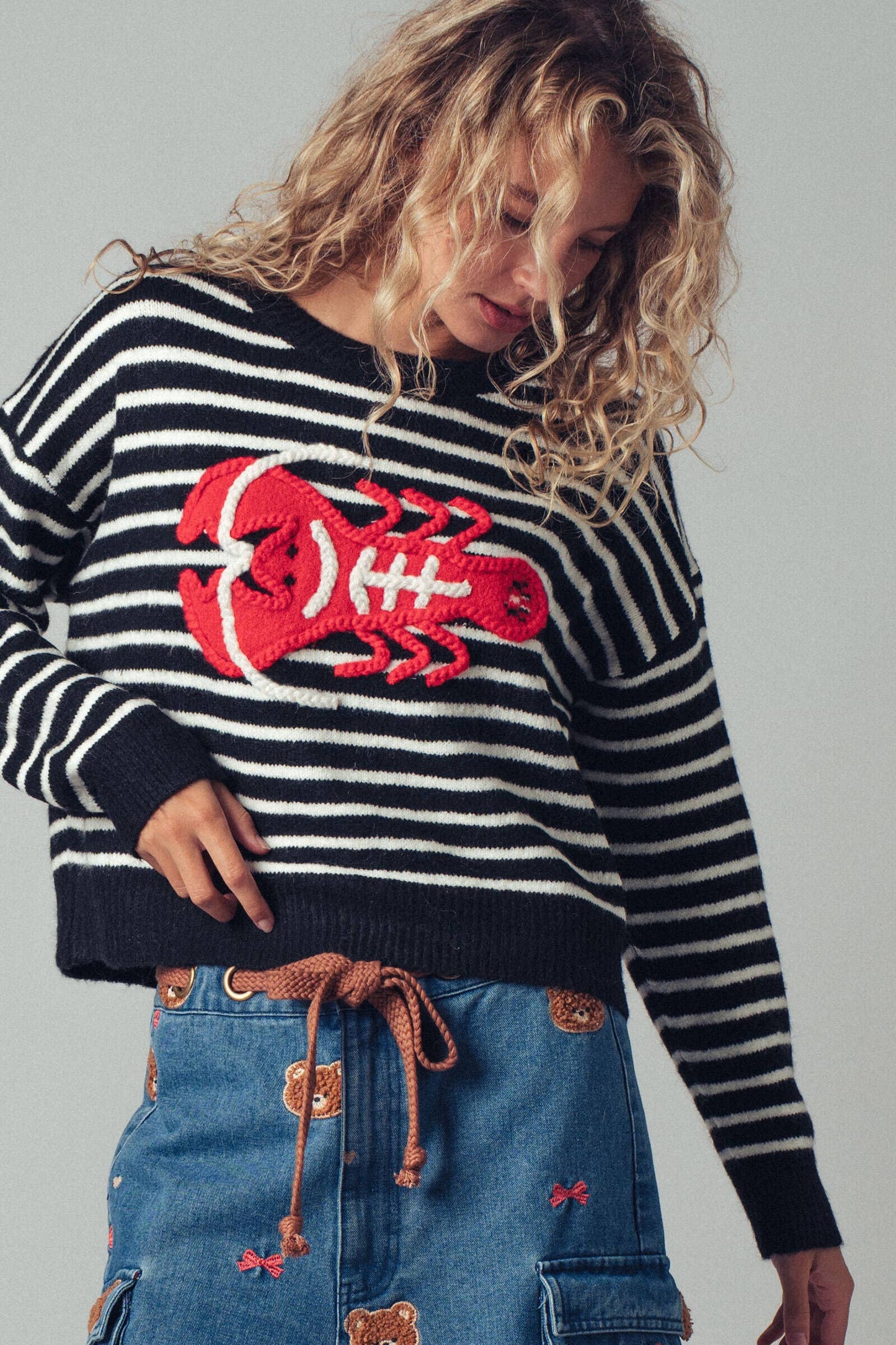 Embroidered Red Lobster Nautical Statement Sweater navy/ivory