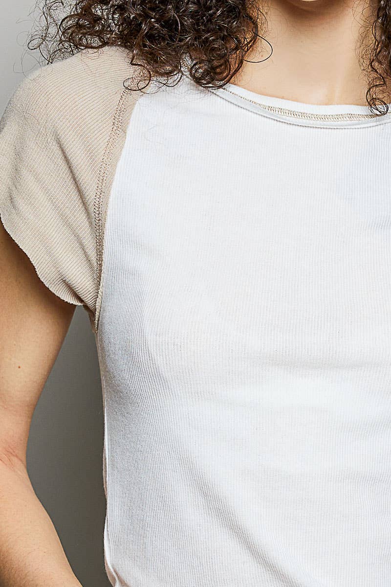 Round Neck Raglan Sleeve Contrast Solid Fitted Rib Top