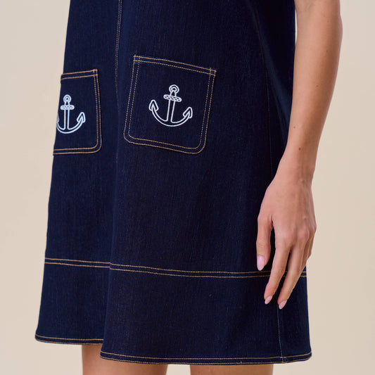Embroidered stretch denim mini shift dress